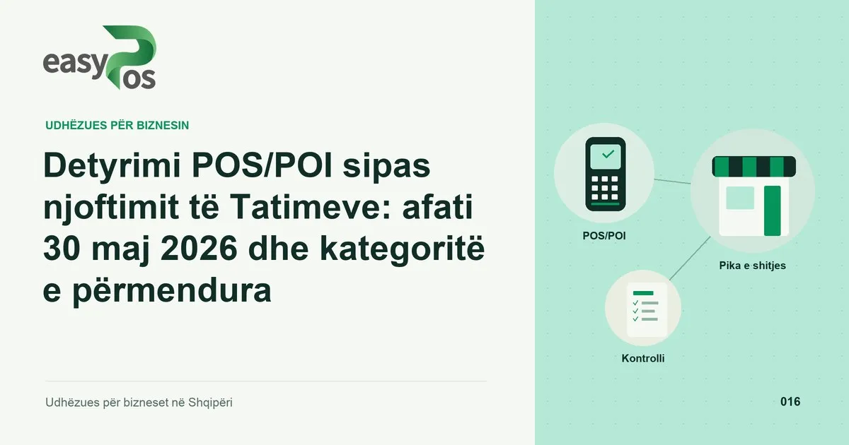 Ilustrim easyPos për artikullin: Detyrimi POS/POI sipas njoftimit të Tatimeve: afati 30 maj 2026 dhe kategoritë e përmendura