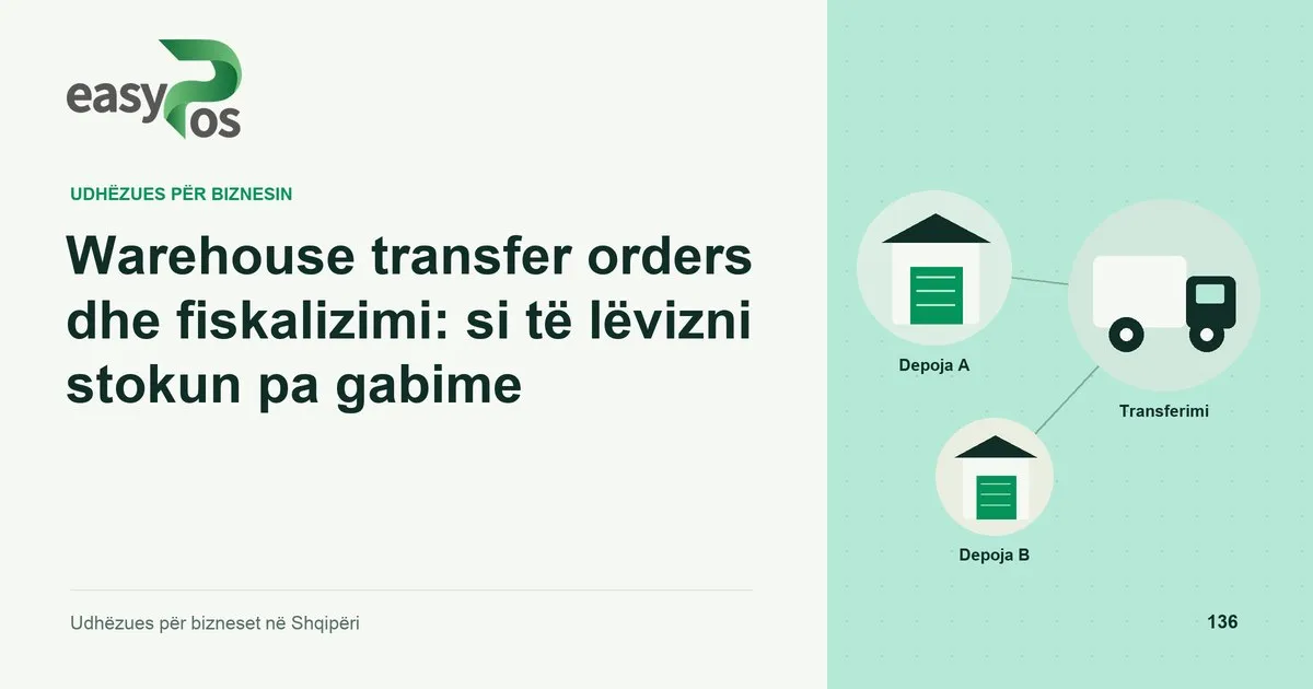 Ilustrim easyPos për artikullin: Warehouse transfer orders dhe fiskalizimi: si të lëvizni stokun pa gabime