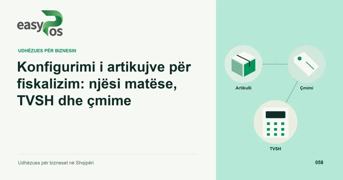 Ilustrim easyPos për artikullin: Konfigurimi i artikujve për fiskalizim: njësi matëse, TVSH dhe çmime